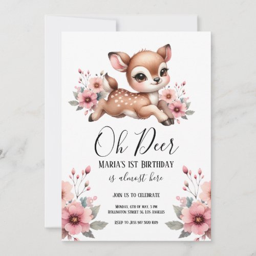 Oh Deer Watercolor Birthday Party Invitation