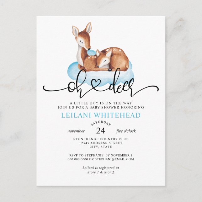 Oh Deer Watercolor Blue Cloud Baby Shower Invite (Front)