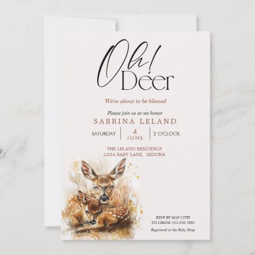 Oh Deer Watercolor Fawn and Doe Baby Shower  Invitation