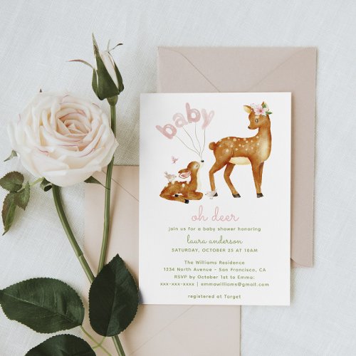 Oh Deer Watercolor Floral Baby Shower Invitation