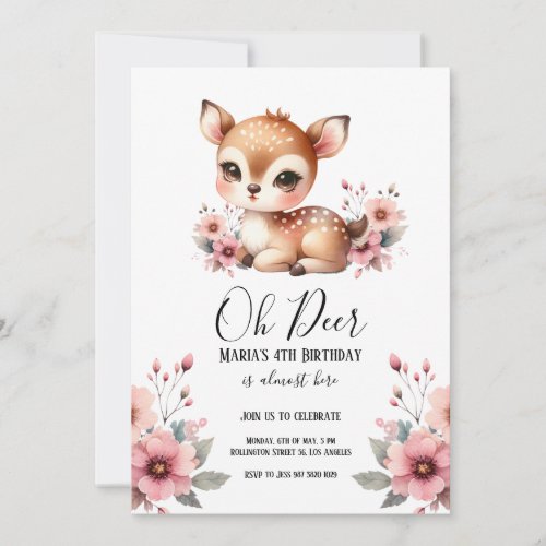 Oh Deer Watercolor Floral Birthday Party Invitation