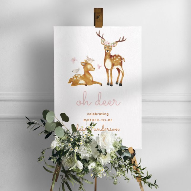 Oh Deer Watercolor Flowers Welcome Baby Shower Foam Board (baby and mother deer welcome poster for a baby shower celebration)