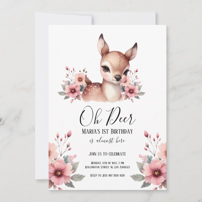Oh Deer Watercolor Kids 1st Birthday Party Invitation (Front)