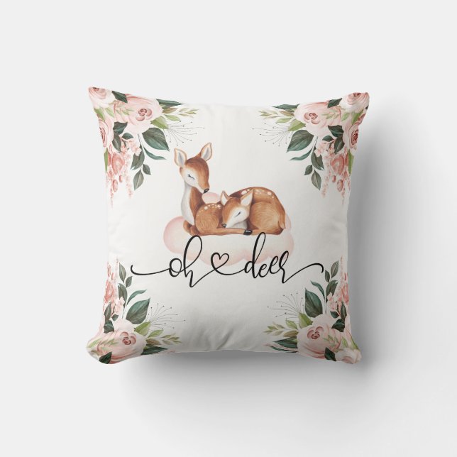 Oh Deer Watercolor Pink Floral Throw Pillow (Front)