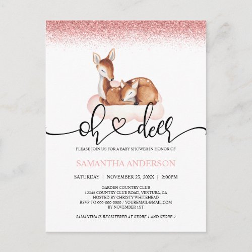 Oh Deer Watercolor Rose Gold Glitter Baby Shower Postcard