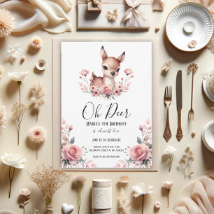 Oh Deer Watercolor Roses Birthday Party Invitation