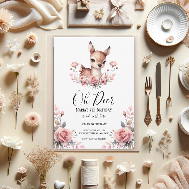 Oh Deer Watercolor Roses Birthday Party Invitation (Creator Uploaded)