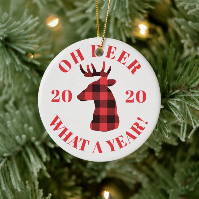 Oh Deer What a Year 2020 Buffalo Plaid Christmas Ceramic Ornament (Tree)