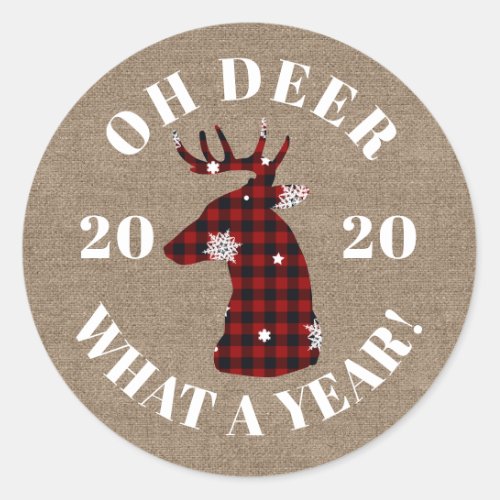 Oh Deer What a Year 2020 Burlap Buffalo Plaid Classic Round Sticker