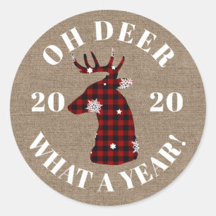 Oh Deer What a Year 2020 Burlap Buffalo Plaid Classic Round Sticker