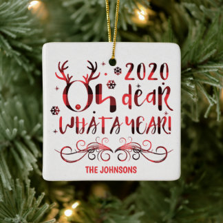 Oh Deer What a Year 2020 Red Buffalo Plaid Name Ceramic Ornament