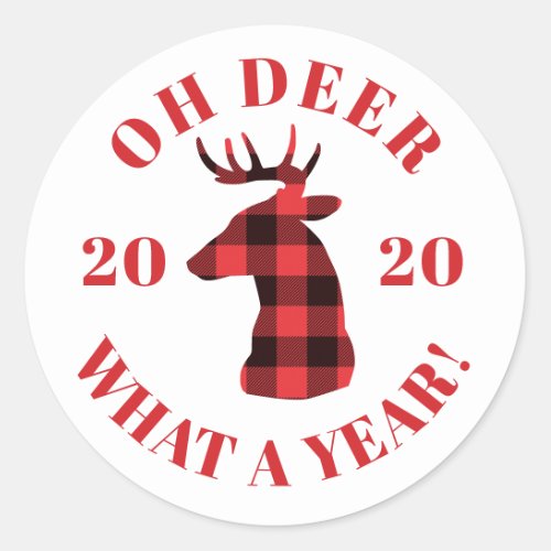 Oh Deer What a Year Buffalo Plaid 2020 Holidays Classic Round Sticker