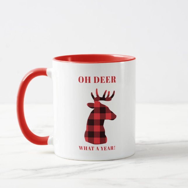 Oh Deer What a Year Buffalo Plaid Holidays Mug (Left)