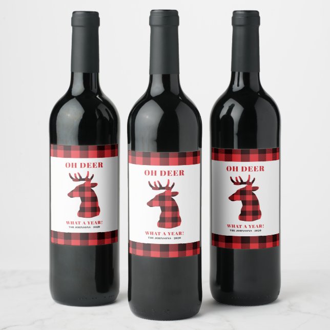 Oh Deer What a Year Buffalo Plaid Name Holidays Wine Label (Bottles)