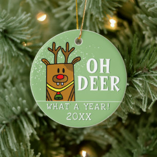Oh Deer What a Year Cartoon Deer Drawing Ceramic Ornament