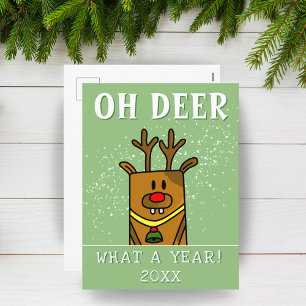 Oh Deer What a Year Cartoon Deer Drawing Holiday Postcard