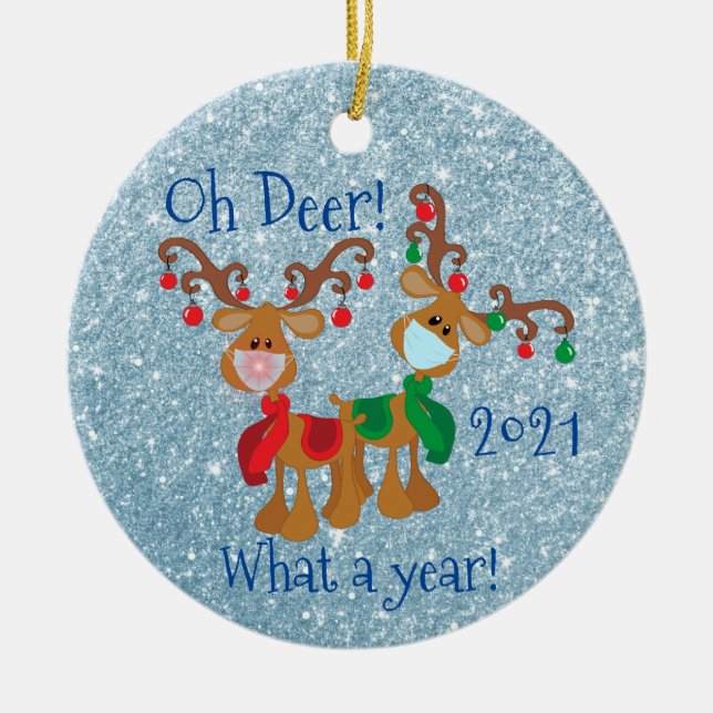 Oh Deer What a Year Christmas Glitter 2020 Ceramic Ornament (Front)
