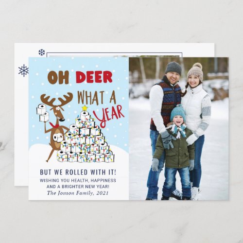 Oh Deer What a Year Christmas Greeting 2 PHOTO Holiday Card