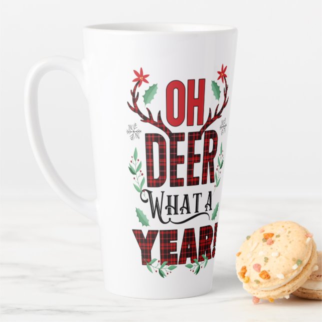 Oh Deer What a Year Christmas Plaid Latte Mug (In Situ)