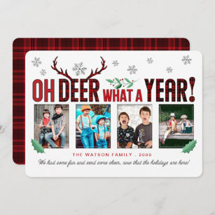 Oh DEER What a Year Fun Christmas Tartan 4 Photo Holiday Card
