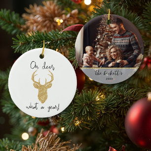 Oh Deer, What A Year! Funny Christmas Custom Photo Ceramic Ornament