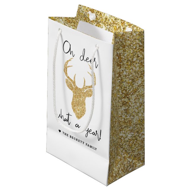 Oh Deer, What A Year! Funny Christmas Holiday Small Gift Bag (Front Angled)