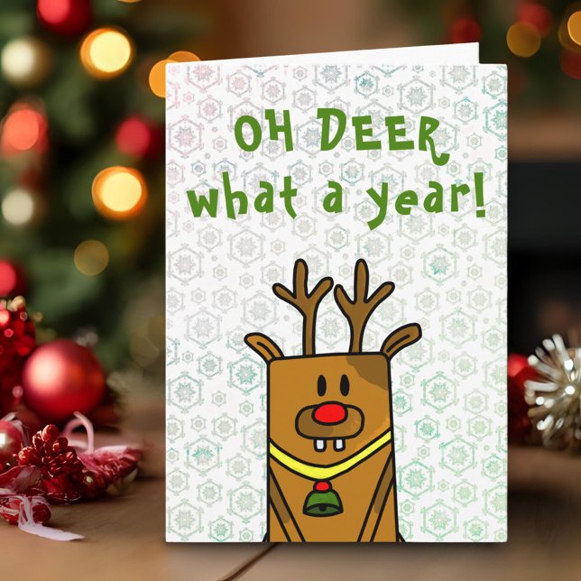 Oh Deer What a Year Funny Drawing Snowflake Holiday Card (Creator Uploaded)