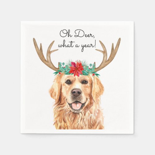 Oh Deer What A Year Funny Golden Retriever Dog Napkins