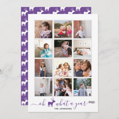 Oh deer what a year in review photo collage purple holiday card