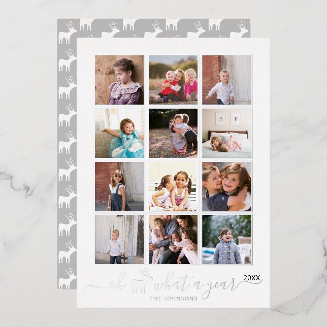 Oh deer what a year in review photo collage silver foil holiday card (Front/Back)