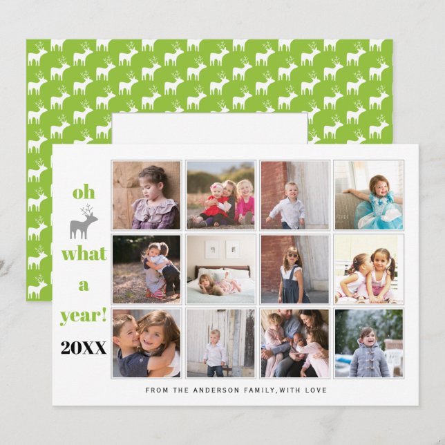 Oh deer what a year lime green photo collage holiday card (Front/Back)