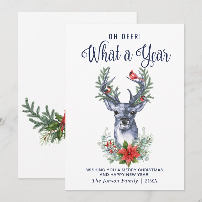 Oh Deer What a Year Merry Christmas Greeting Holiday Card (Front/Back)