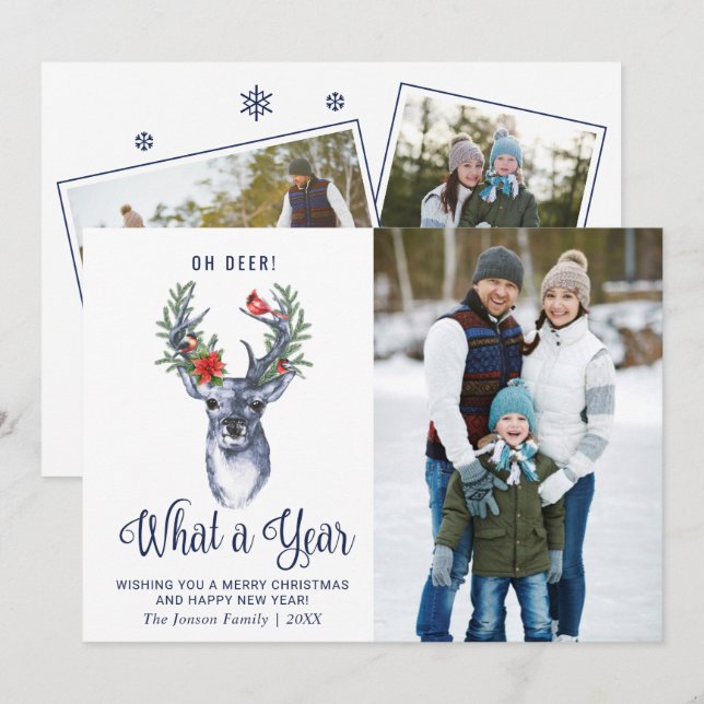 Oh Deer What a Year Merry Christmas Greeting PHOTO Holiday Card (Front/Back)
