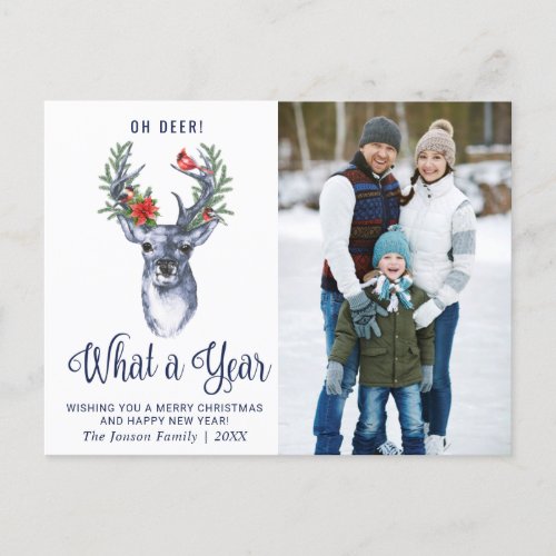Oh Deer What a Year Merry Christmas Greeting PHOTO Holiday Postcard