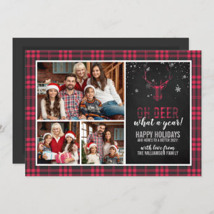 Oh Deer What A Year! Red Plaid 3 Photo Christmas Invitation
