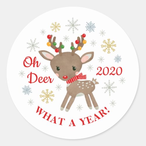 Oh Deer What A Year Reindeer Christmas Holiday Classic Round Sticker