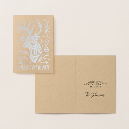 Oh Deer What a Year Reindeer Christmas Silver Foil Foil Card