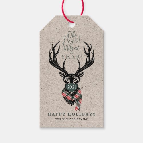 Oh Deer What a Year Reindeer Face Mask Candy Plaid Gift Tags