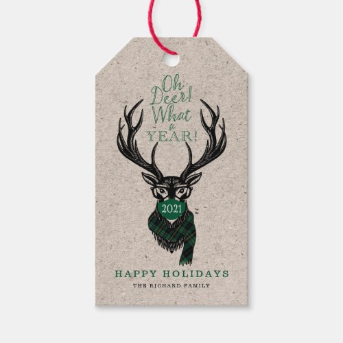 Oh Deer What a Year Reindeer Face Mask Green Plaid Gift Tags