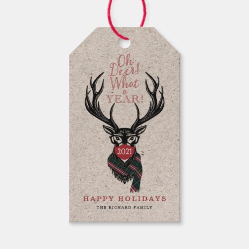 Oh Deer What a Year Reindeer Face Mask Red Plaid Gift Tags