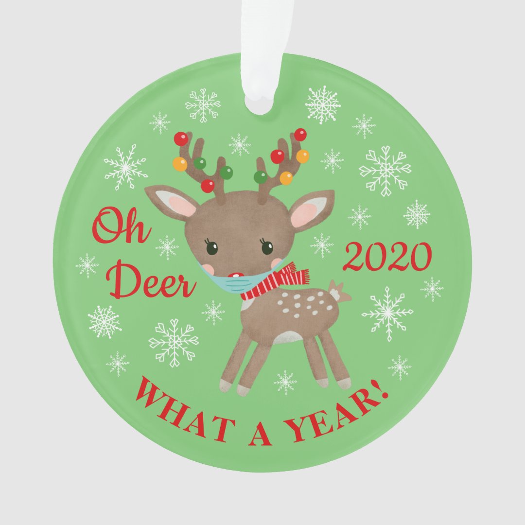Oh Deer What A Year Reindeer Mask Christmas Green Ornament Zazzle