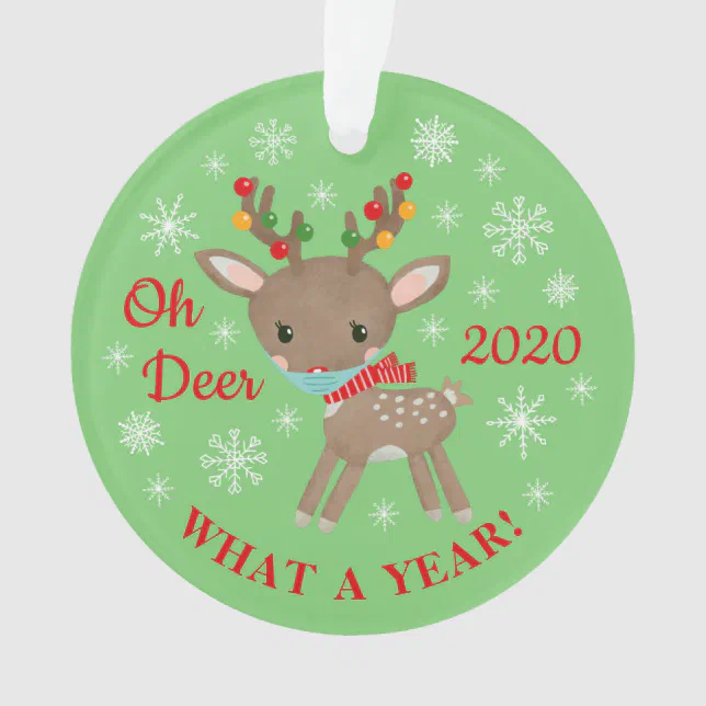 Oh Deer What A Year Reindeer Mask Christmas Green Ornament Zazzle