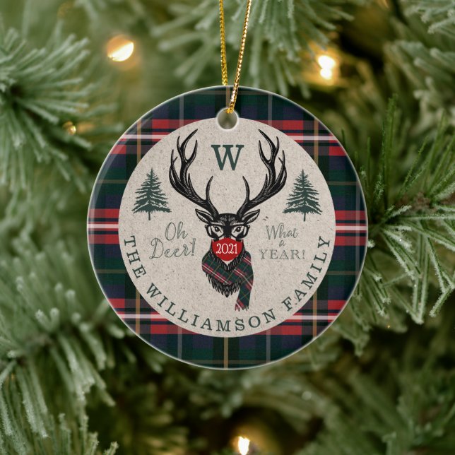 Oh Deer What a Year! Reindeer Monogram & Photo Ceramic Ornament (Tree)