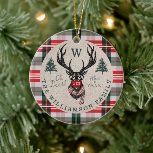 Oh Deer What a Year Reindeer Monogram  Photo Ceramic Ornament