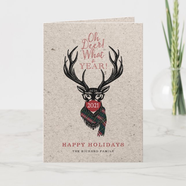 Oh Deer What a Year! Reindeer Plaid Scarf & Mask Holiday Card (Front)
