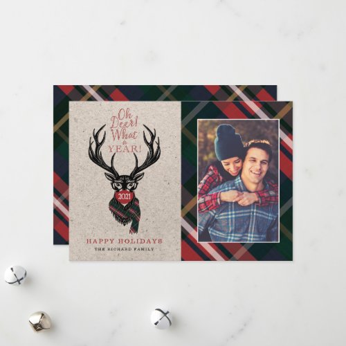Oh Deer What a Year Reindeer Plaid Scarf  Mask Holiday Card