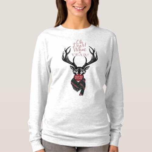 Oh Deer What a Year Reindeer Plaid Scarf  Mask T_Shirt