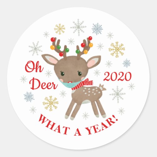 Oh Deer What A Year Reindeer With Mask Christmas Classic Round Sticker