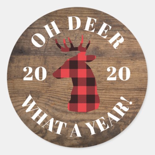 Oh Deer What a Year Wood Buffalo Plaid 2020 Classic Round Sticker