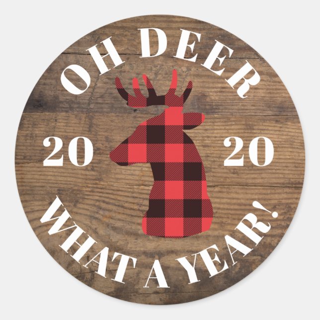 Oh Deer What a Year Wood Buffalo Plaid 2020 Classic Round Sticker (Front)